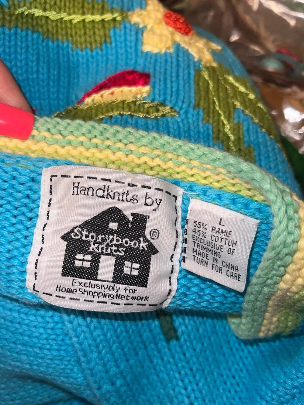 Handknits by Storybook Kruts Tropical Parrot Cardigan Turq Embroidery Sweater Lg